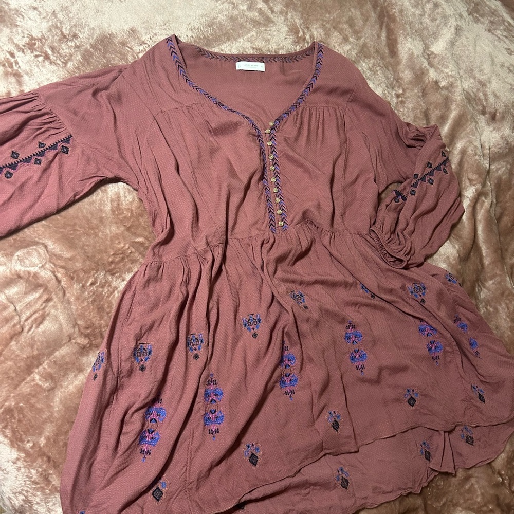 Lucky Brand Mauve Embroidered Long Sleeve Peasant Dress